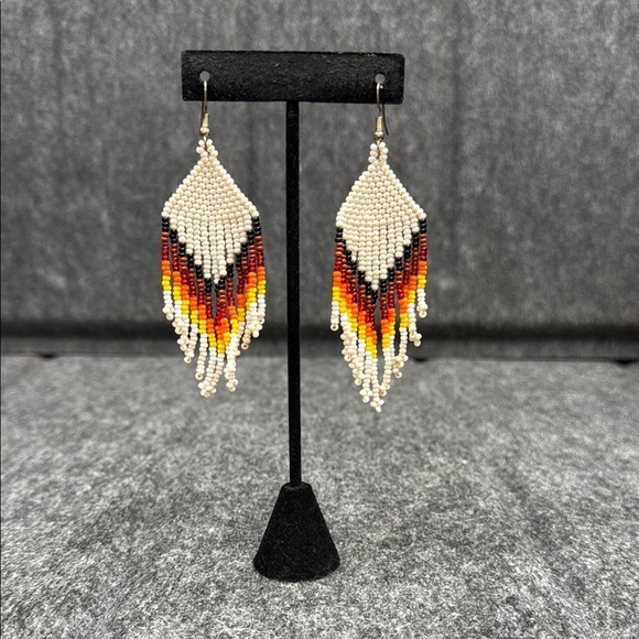 Red and Orange Beaded Chevron Earrings - Picture 3 of 3